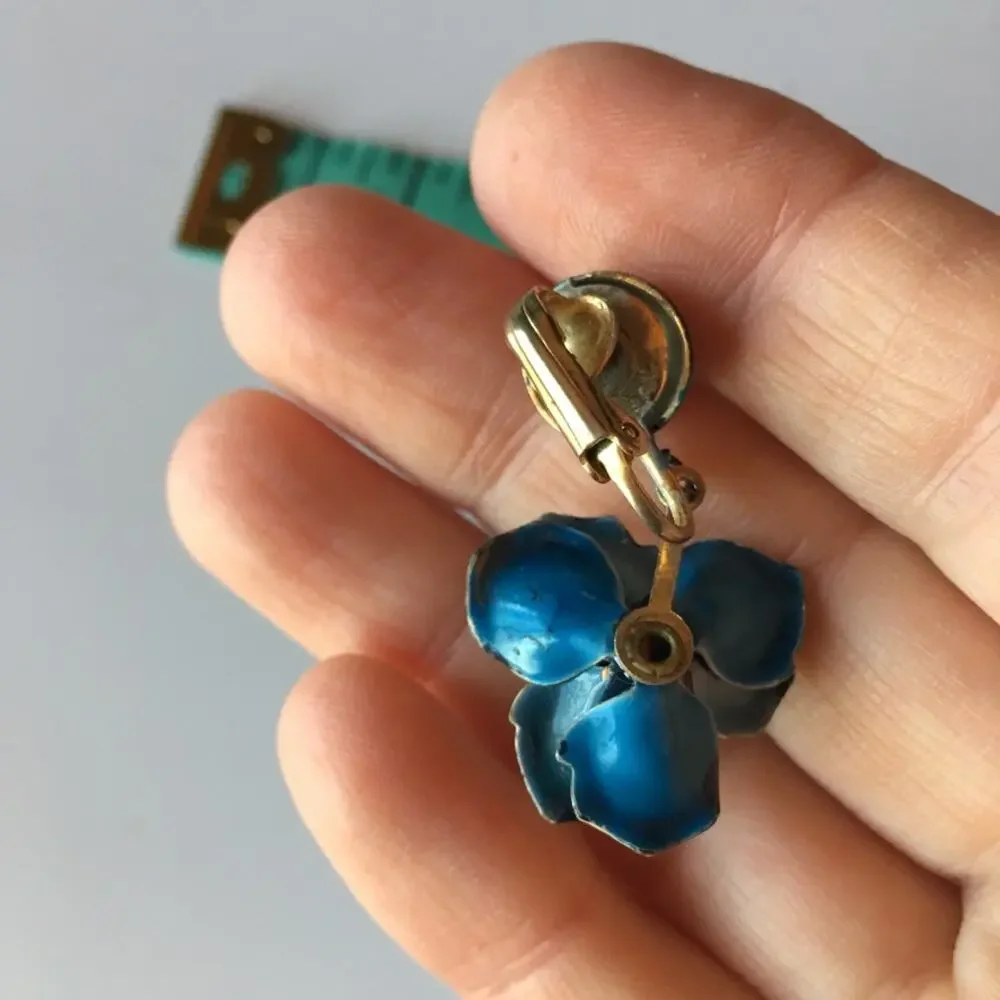 Vintage hand-painted blue pansy clip-on earrings